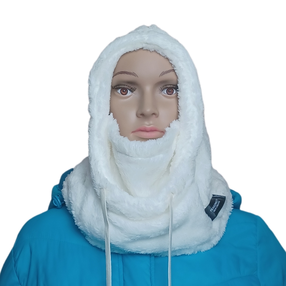 UnisexWhite Ski Mask Balaclava Winter Hat Faux Fur Hooded Scarf w/ Drawstrings